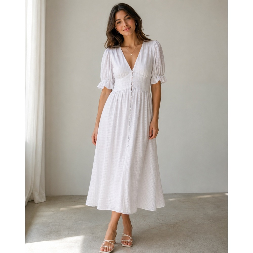 Lulus White Checkered Jacquard Puff Sleeve Button Front Midi Dress Womens Medium
